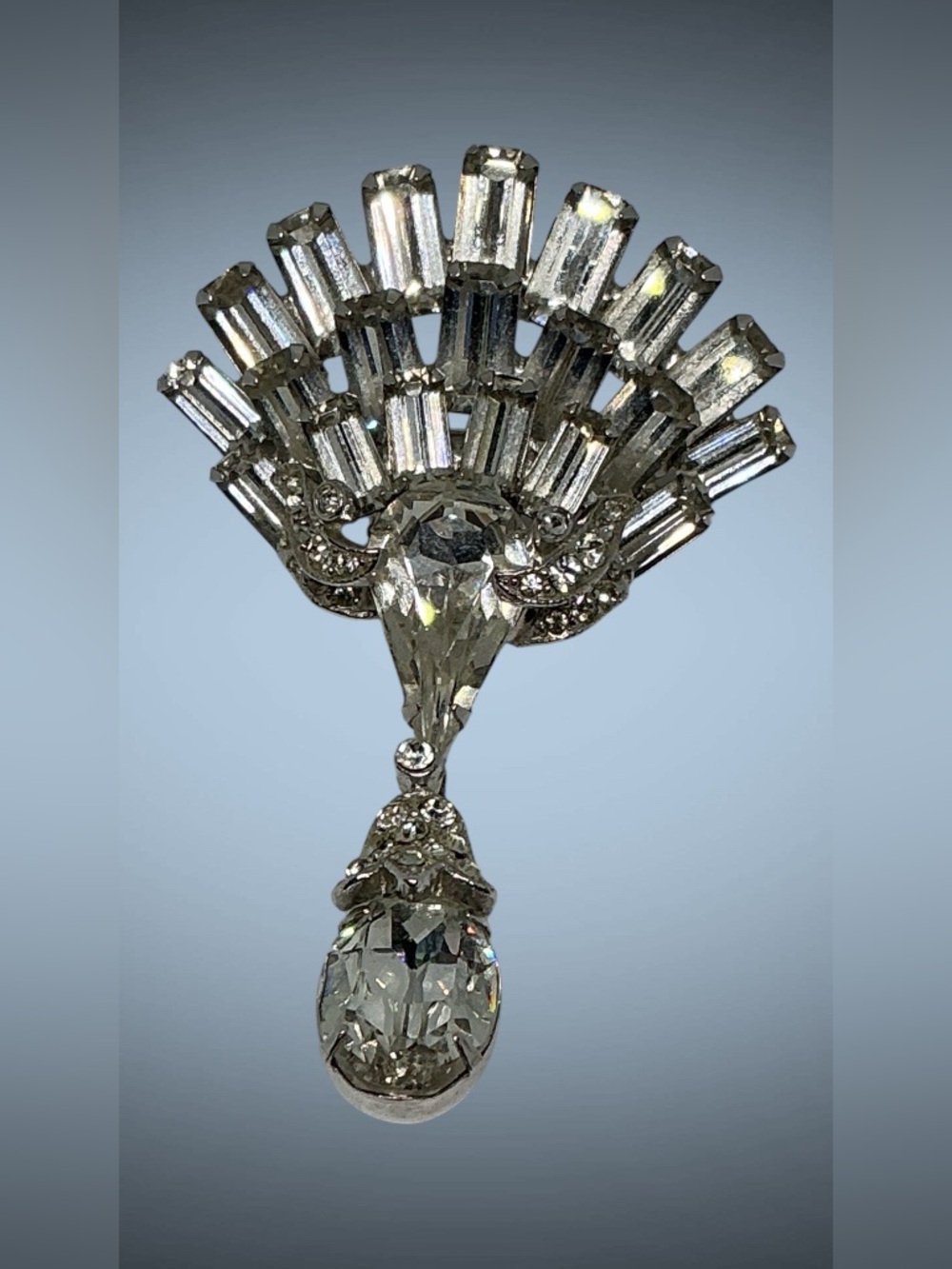 Vintage Eisenberg Ice Clear Rhinestone Fan Brooch with Pendant Drop